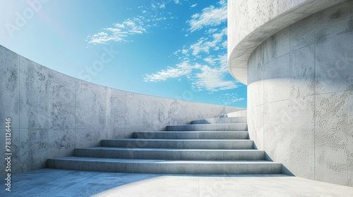 Minimal wall and blue sky frame the cylinder stand podium, with stairs inviting upward glances photo