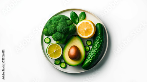 A plate with a variety of fresh fruits and vegetables on a white background
