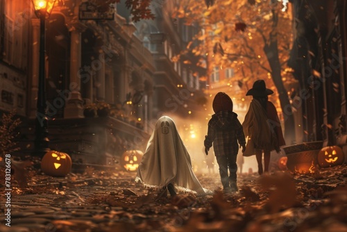 Two children in halloween costumes strolling down eerie nighttime street with glowing pumpkins and spooky decorations