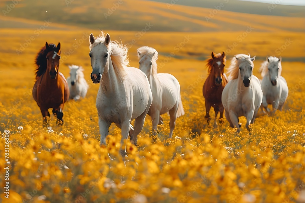 Fototapeta premium Majestic Horses Galloping in Golden Meadows. Concept Nature Photography, Wildlife Portraits, Equine Elegance, Golden Sunlight, Dynamic Movement