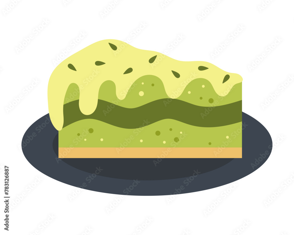 Piece of matcha tea cake. Matcha dessert. Vector illustration. 3 Piece of matcha tea cake. Matcha dessert. Vector illustration. 3