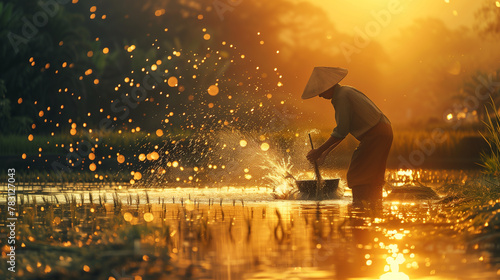 Golden Hour Rice Farming: Asian Farmer Working in Paddy Field at Sunset