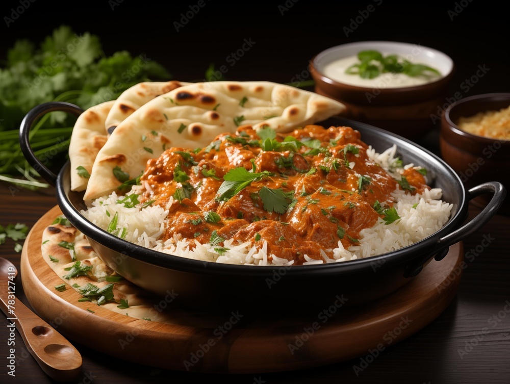 A Freshly Served Chicken Tikka Masala Dinner at an Indian Restaurant A Freshly Served Chicken Tikka Masala Dinner at an Indian Restaurant