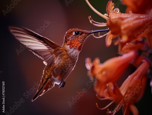 Hummingbird Frozen in Mid-Flight Near Vibrant Orange Flower, Macro Close-Up with Blurred Background - Nature's Beauty Captured in Exquisite Detail