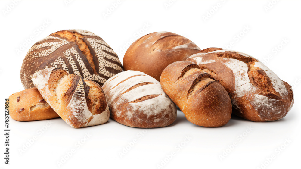 Assortment of freshly baked bread with various patterns on a white background.