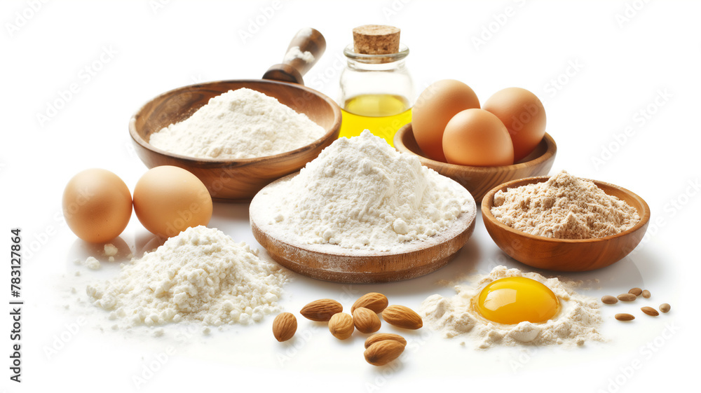 Baking ingredients with eggs, flour, almonds, and oil on a white background.