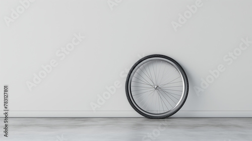 A single bicycle wheel leaning against a white wall on a gray floor. photo
