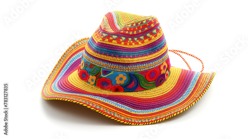 Colorful woven sombrero with floral patterns on white background.