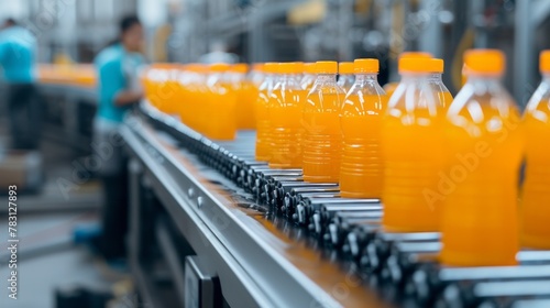Production of brewing and bottling oragne juice at a production plant. Conveyor with beer bottles.