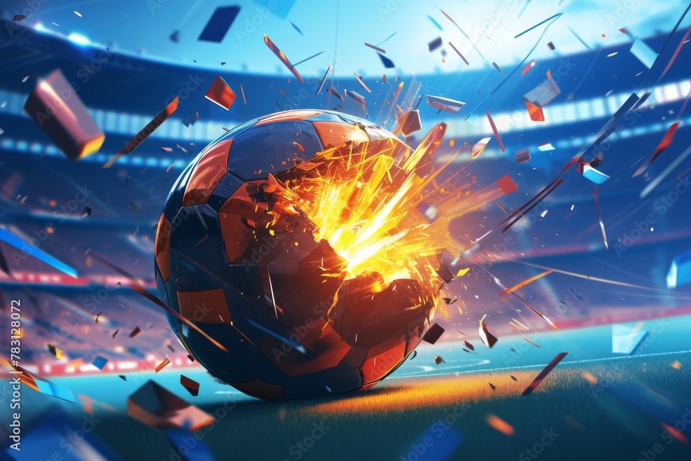 Shattering soccer ball with dynamic sparks in stadium setting Shattering soccer ball with dynamic sparks in stadium setting