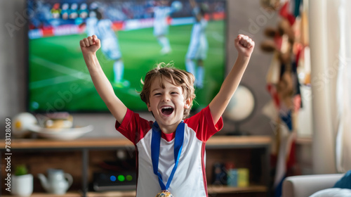 Excited boy cheering for soccer win in front of TV at home © Photocreo Bednarek