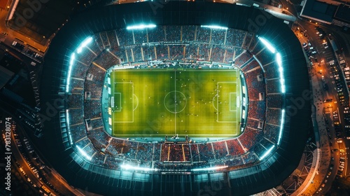 Aerial night view of packed soccer stadium in city