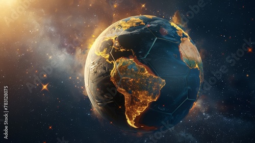 Glowing earth soccer ball represents global unity