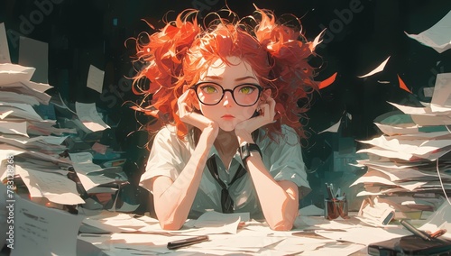 a red head curly hair woman sitting at her desk in an office surrounded by papers, wearing glasses and white shirt