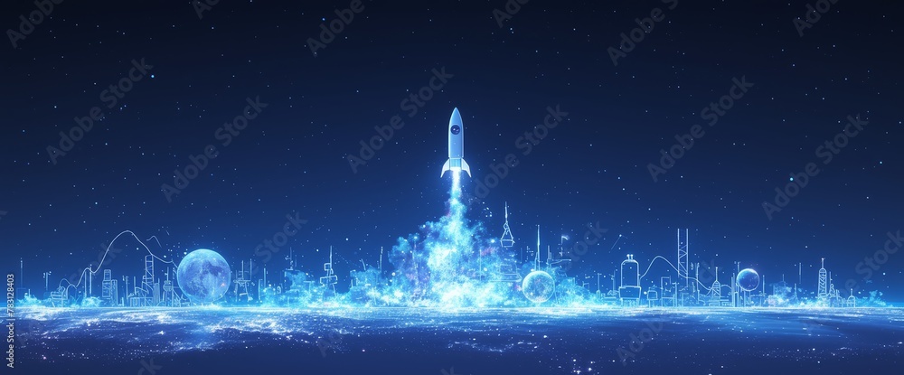 A rocket is flying in the sky, with a blue bar graph chart in the background.