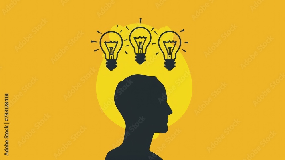 Drawing of several light bulbs above a human head, concept of idea, creativity, imagination. Drawing of several light bulbs above a human head, concept of idea, creativity, imagination.