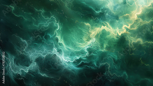 shining green and black wavy abstract background with smoke
