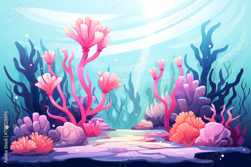 Underwater landscape poster. Oceanic background with seaweed, corals, fish. Ocean sea life in modern flat design. Trendy cartoon colorful illustration