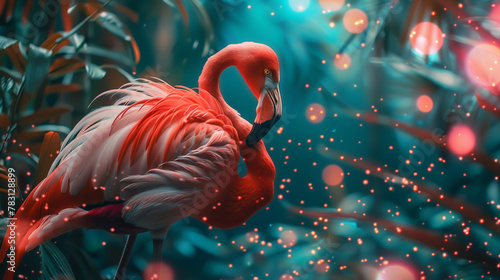 Flamingo surrounded by holographic chip rings, tropical paradise © Parinwat Studio