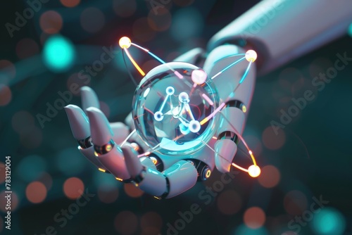 Robotic hand holding an atom with glowing neon light, concept of artificial intelligence, technology. photo