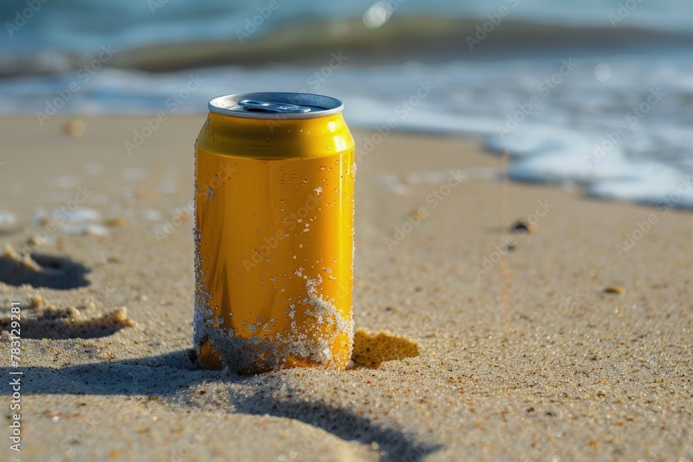 Yellow soda can on the beach sand, concept of plastic waste, recycling, pollution prevention, environmental conservation. Yellow soda can on the beach sand, concept of plastic waste, recycling, pollution prevention, environmental conservation.