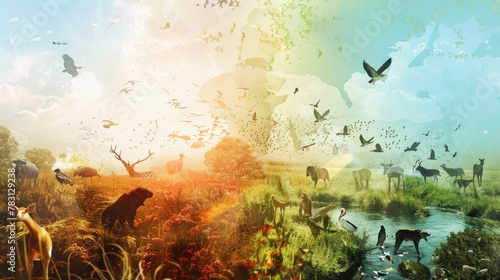 A digital artwork of animals migrating to new habitats illustrating biodiversity shifts due to climate changes © AI Farm