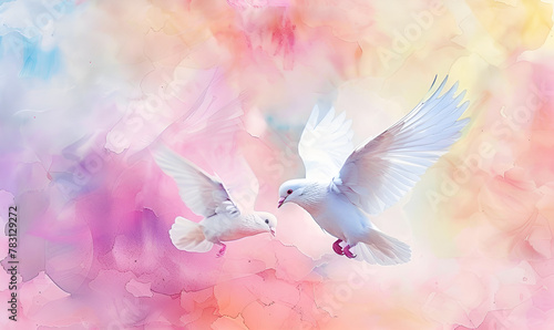  Flying two white dove in water colour . Pair of White Doves in Flight Painting .Elegant White Doves Flying Watercolor