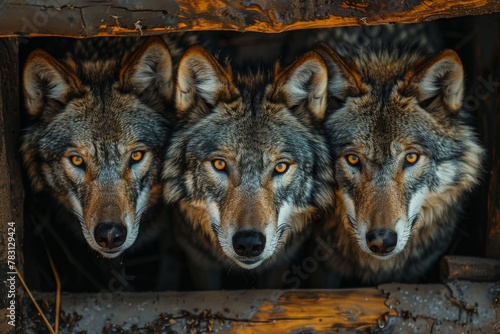 Trio of wolves with piercing stares emerging from the shadows of a rustic shelter photo