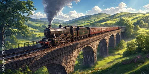 A steam train with billowing smoke is crossing the stone arches of an old bridge in rural Scotland, creating a picturesque scene of vintage travel and nature's beauty. 