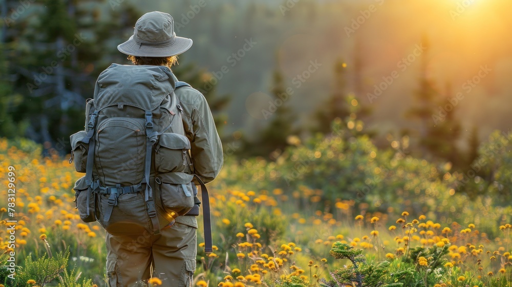A person with a backpack in a field of blooming flowers A person with a backpack in a field of blooming flowers