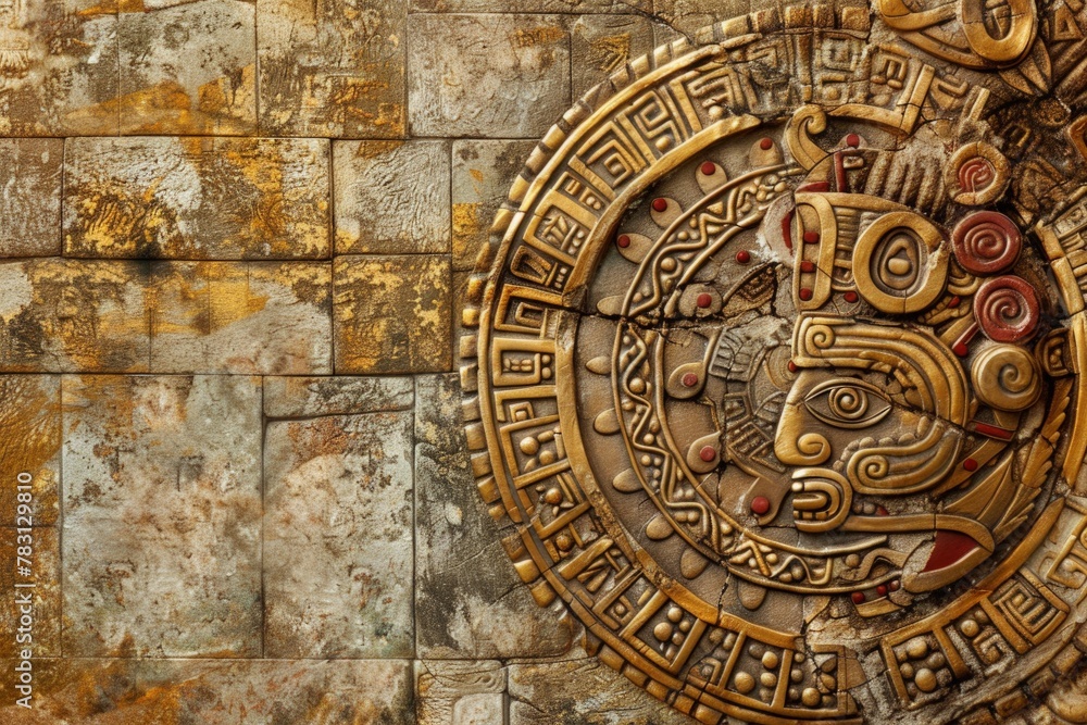 Background with Mayan patterns, details in gold with stones, ornaments, concept of culture and history.