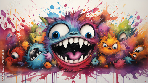 A cartoon monster painting with watercolors  with splashes of paint mixing with water on the canvas