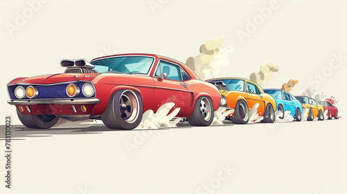 Cartoon drag race, custom cars lined up at the start line, engines roaring, isolated on white background photo