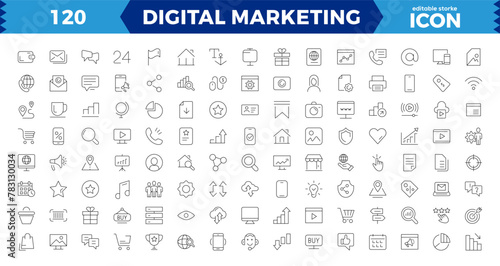 Big set Digital Marketing web icons, Content, search, marketing, ecommerce, seo, electronic devices, internet, analysis, social and more line icon.