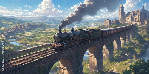 A vintage steam train with billowing smoke is crossing the iconic Bridge in a mysterious and picturesque landscape