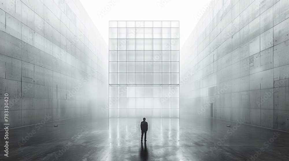 A man stands in a large, empty room with a white building in the background. The room is dimly lit, and the man is looking up at the ceiling. Scene is somber and contemplative