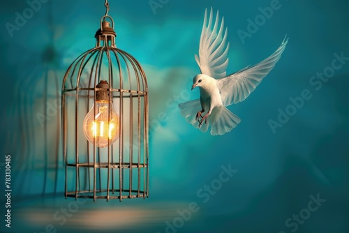 Light bulb inside a cage with flying wings, concept of creativity and idea.