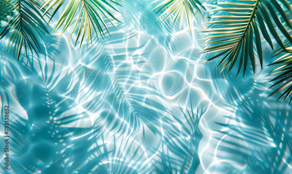 Serene Tropical Oasis: Palm Leaf Shadows Dance on Crystalline Waters, Inviting Summer Bliss