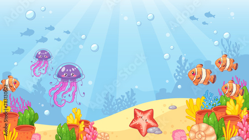 Ocean floor with coral reefs, seaweed, sand, jellyfish and fish. Cartoon vector background, landscape © Sonika