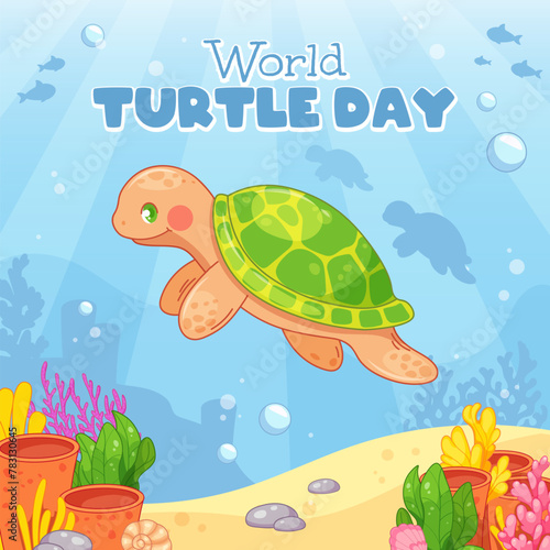World Turtle Day Greeting Card. Cartoon turtle on the background of the bottom of the sea with coral reefs and sand. Vector illustration © Sonika