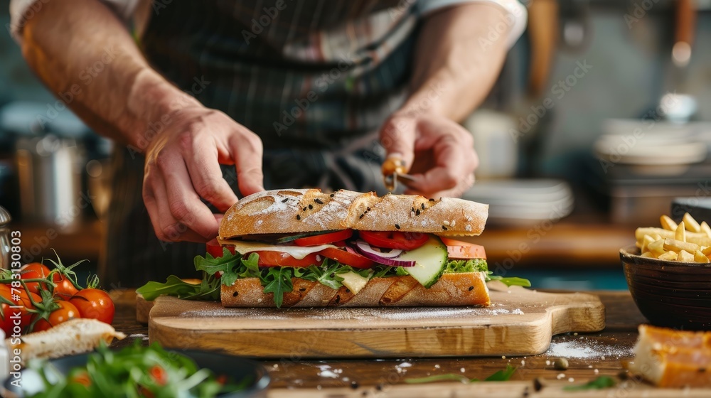 A side view of a chef cutting a sandwich on a cutting board