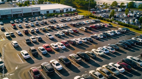Aerial view of a dealerships preowned car display area showing a vast selection of parked cars in a busy parking lot