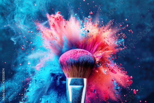 Makeup brush with a burst of colorful powder on dark background photo