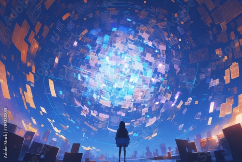 A person standing in the center of an endless digital library, surrounded by floating virtual documents and data streams, representing the vastness of information and search power. 