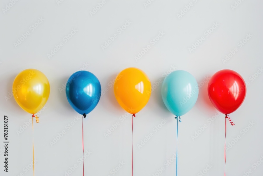 Colorful Balloons Row on White Background with Copy Space for Text, Festive Party Decorations Concept