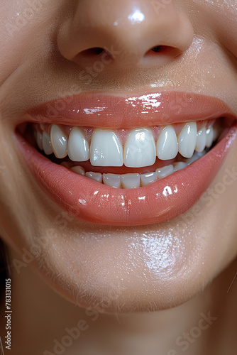 close up of a woman smiling with clean teeth for toothpaste advertising 