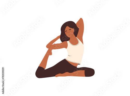 Girl practicing King Pigeon Pose, yoga asana. Woman sitting and stretching in hard difficult posture, flexible position. Female doing exercise. Vector illustration isolated on white background