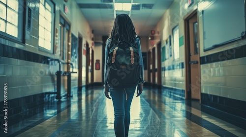 A woman walking with her head down in a hallway of a building photo