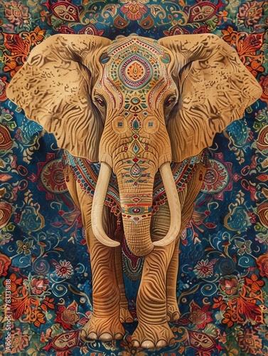 Noble elephant standing, lush paisley tapestry, vibrant jewel tones, medium shot, natural light