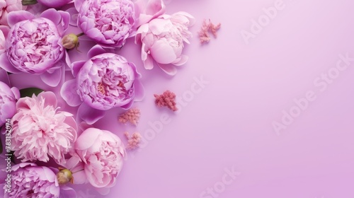 Festive bouquet of delicate peonies in pastel colors. Background for a holiday card or invitation. Blooming spring banner - lilac peonies, top view © May
